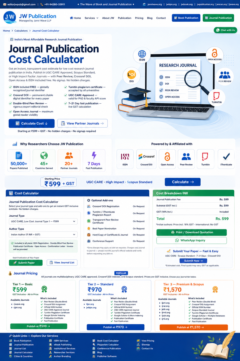 JW Publication Journal Cost Calculation — UGC CARE ₹599, High IF ₹970, Scopus Standard ₹1570 pricing breakdown infographic